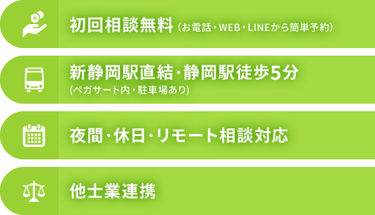 初回相談無料（お電話・WEB・LINEから簡単予約） 新静岡駅直結・静岡駅徒歩5分(ペガサート内・駐車場あり) 夜間・休日・リモート相談対応 他士業連携